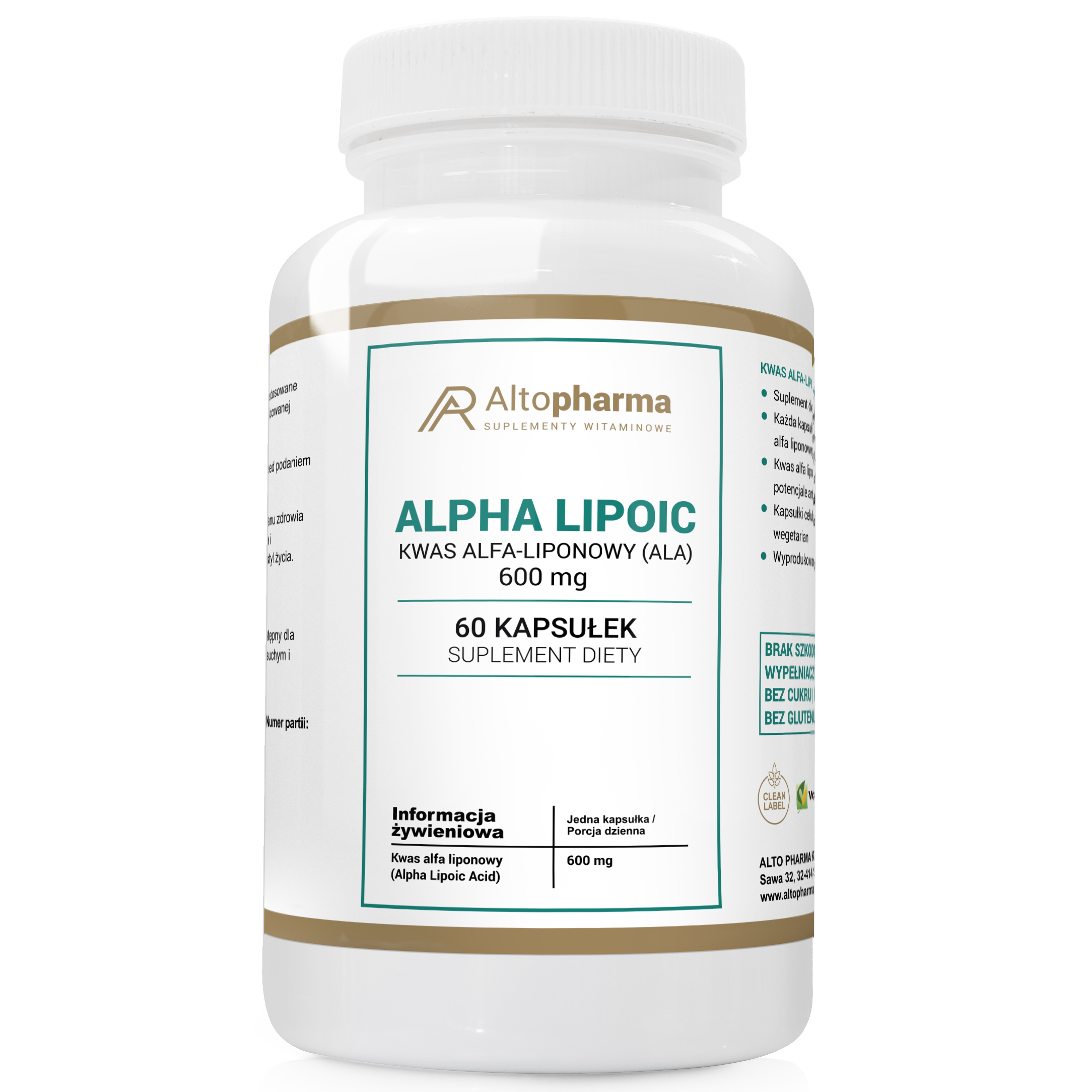 ALPHA LIPOIC KWAS ALFA - LIPONOWY (ALA) 600mg MEGA DAWKA PRODUKT WEGE 60 kapsułek