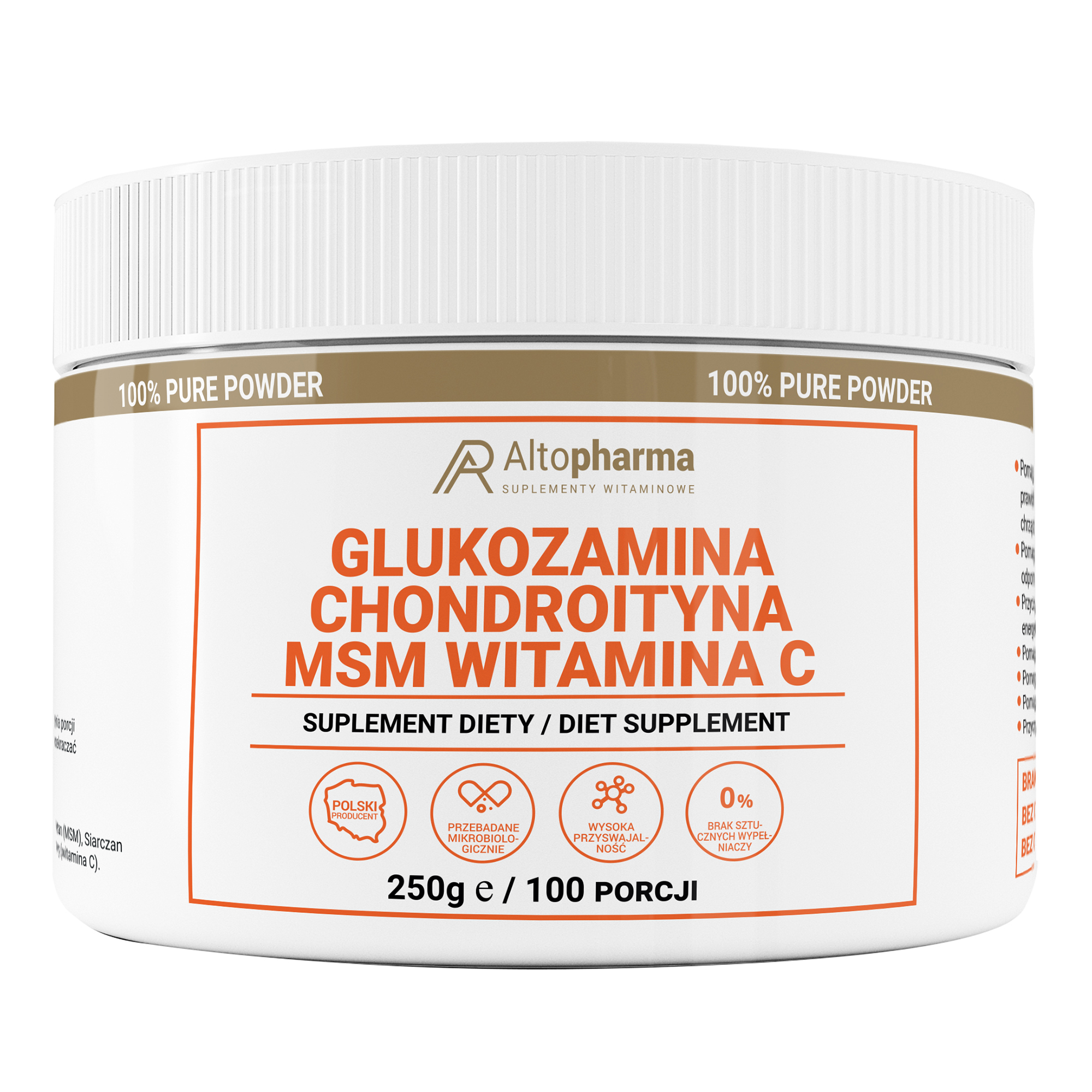 GLUKOZAMINA, CHONDROITYNA, MSM, WITAMINA C -100% PURE POWDER 250g