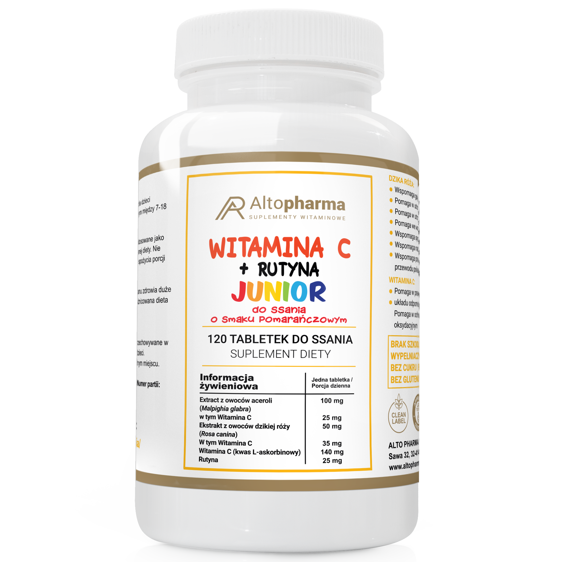 WITAMINA C + RUTYNA JUNIOR 200mg TABLETKI DO SSANIA O SMAKU POMARAŃCZOWYM PRODUKT WEGE 120 tabletek