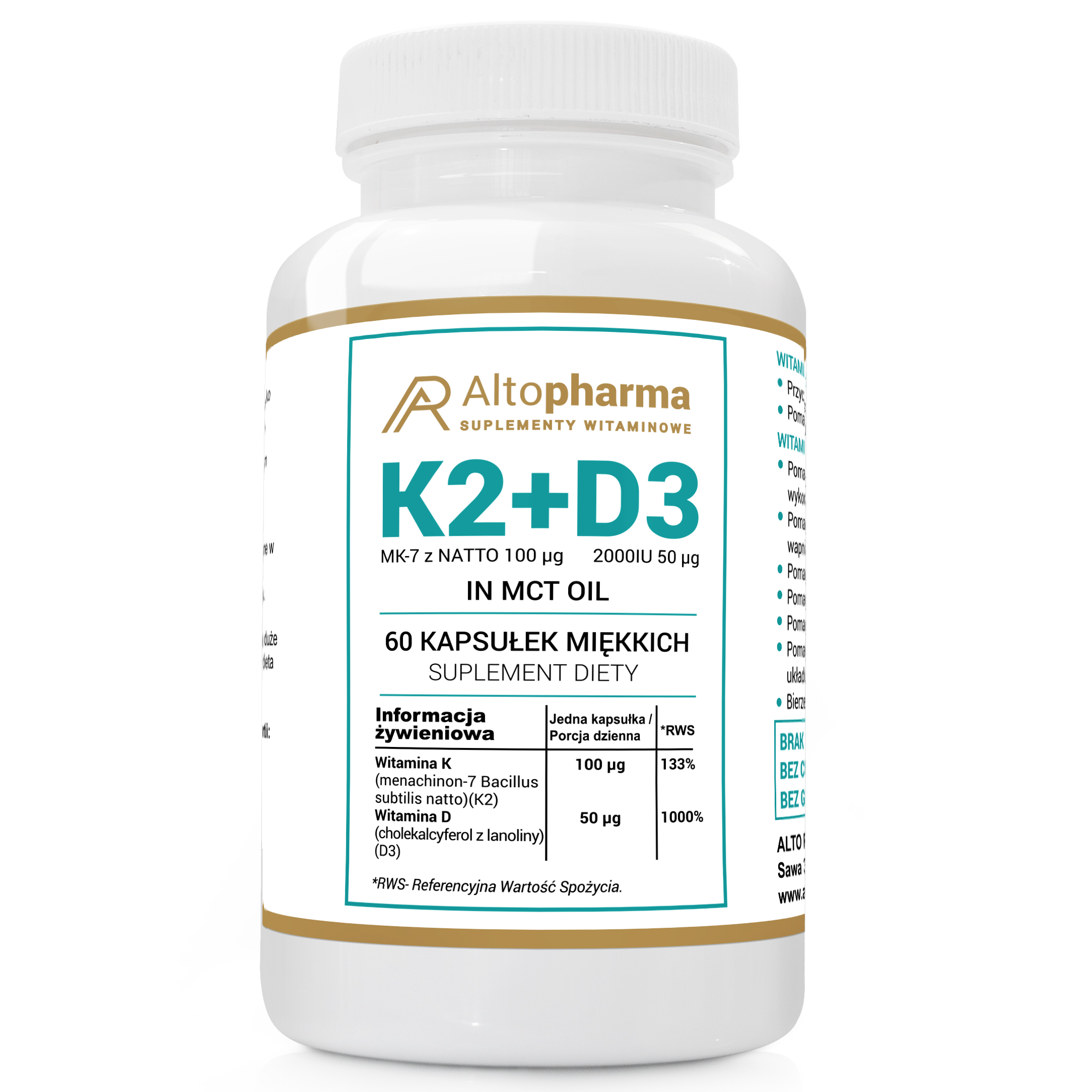 WITAMINA K2 MK7 natto 100µg + D3 50µg 2000IU OLEJ KOKOSOWY in MCT 60 kapsułek miękkich (Softgel)