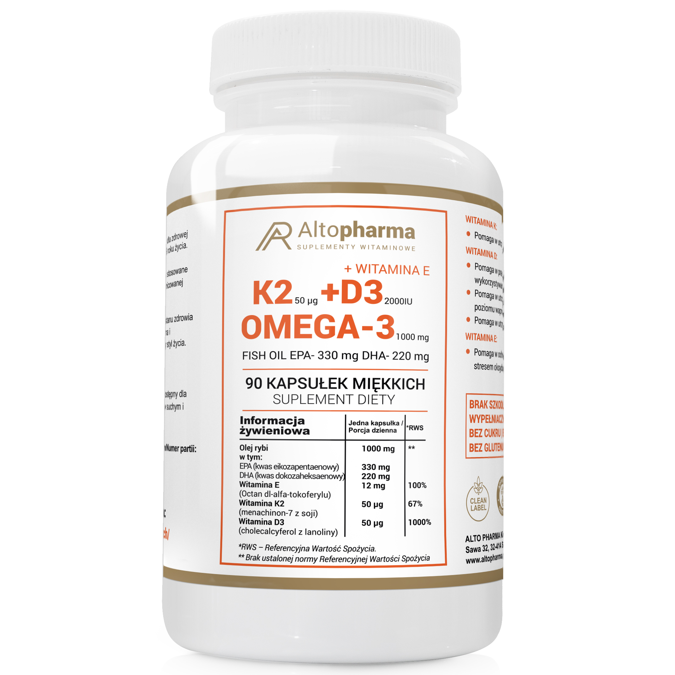 WITAMINA K2 MK-7 + D3 2000IU Vit E + OMEGA-3 90 kapsułek miękkich (Softgel)